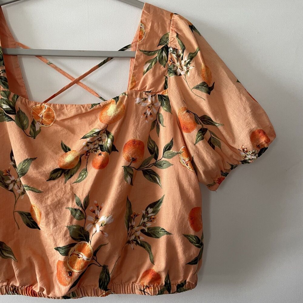 LOFT Orange Short Sleeve Orange Print Strappy Square Neckline Cropped Top Size L - Picture 3 of 10
